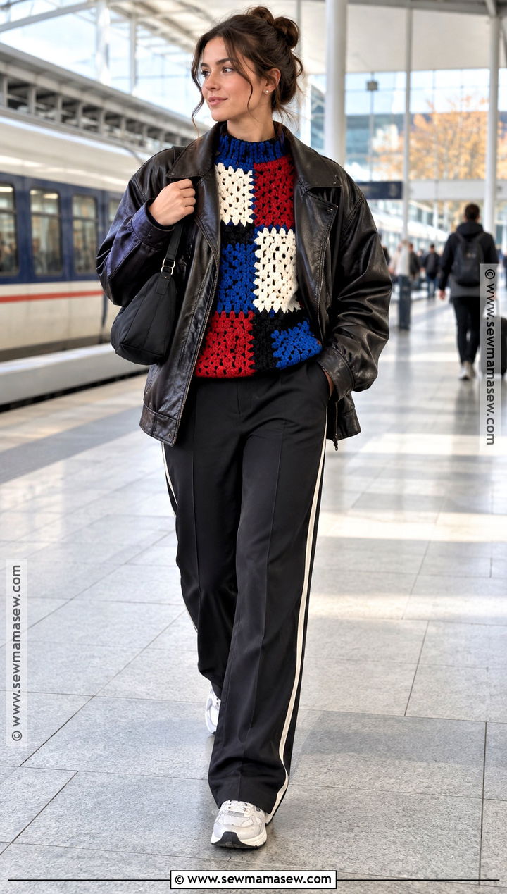 Color Block Crochet Fall Top With Track Pants - 20 crochet fall top ideas