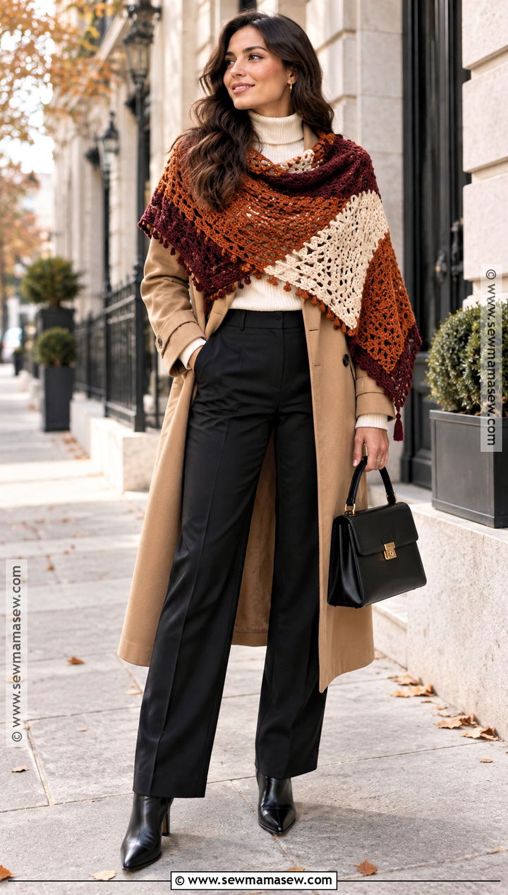 Color Block Crochet Shawl With Trench Coat - 15 Fall Crochet Shawl Ideas