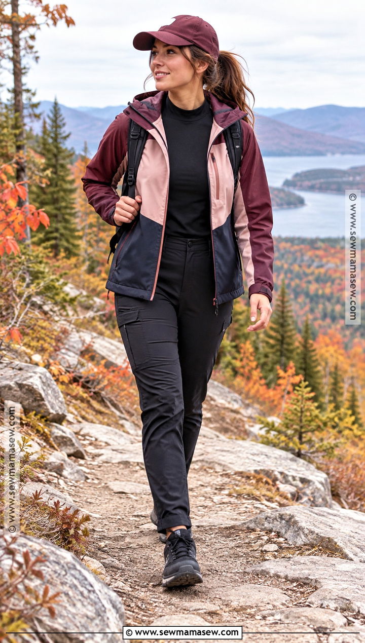 Color Block Jacket And Black Hiking Pants Outfit - 25 fall hiking outfits