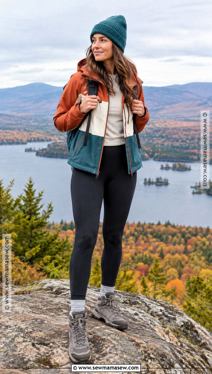 Color Block Jacket And Hiking Leggings Outfit - 20 Hiking Outfit Fall Ideas for Women