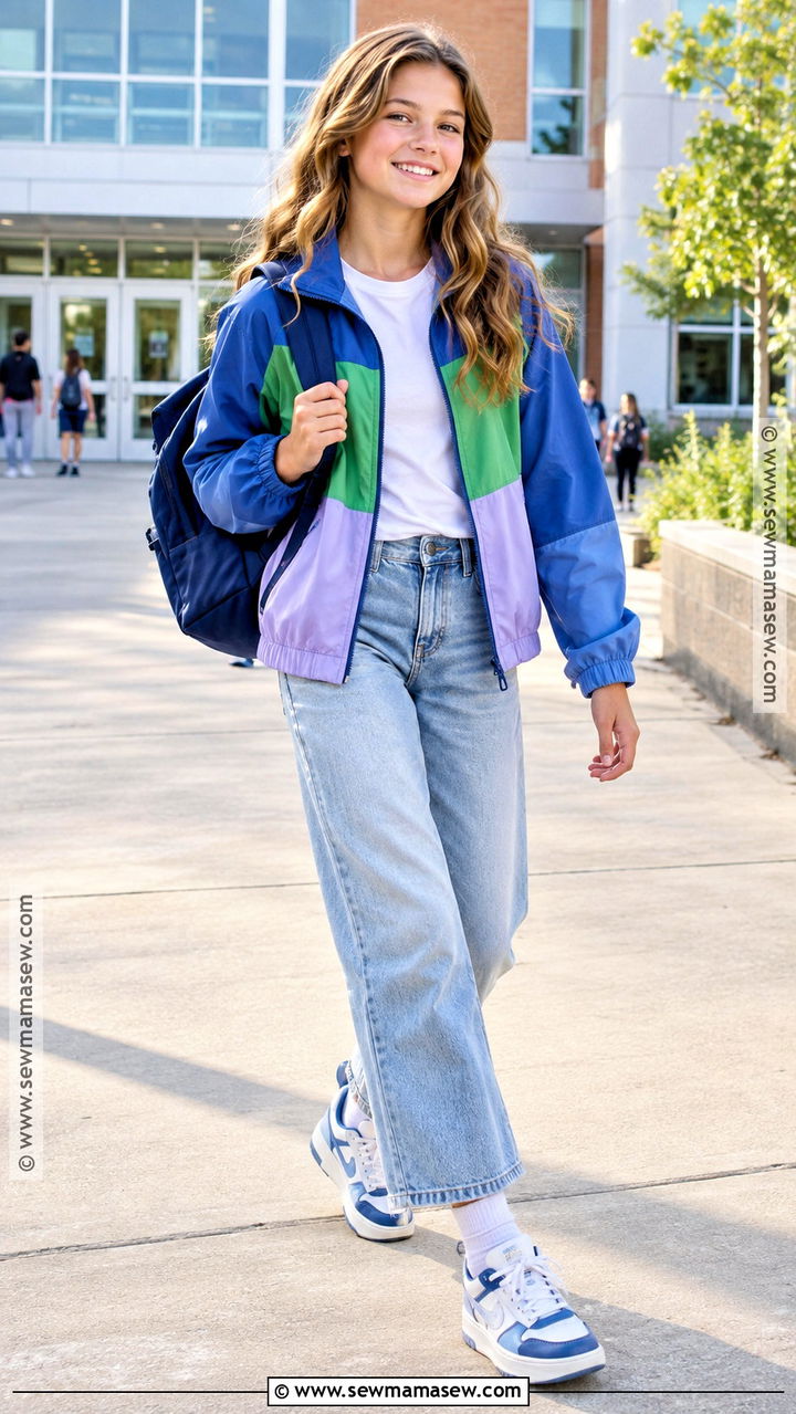 Color Block Jacket And Relaxed Jeans 6th Grade Outfit - 20 Back To School Outfit Ideas For 6Th Grade