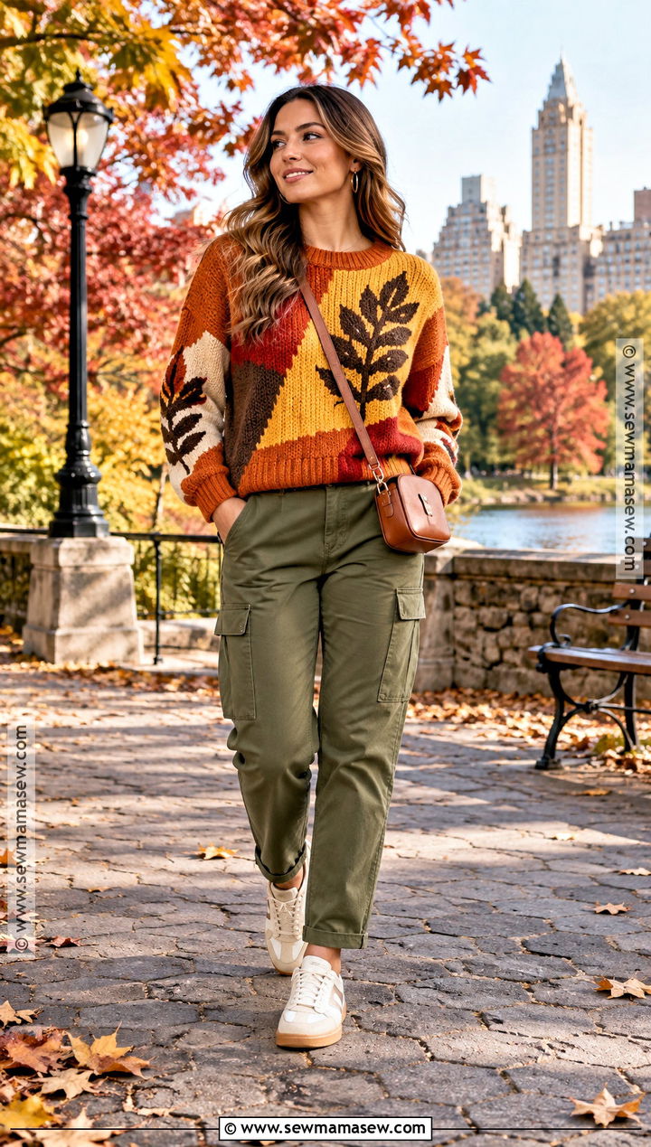 Color Block Leaf Sweater With Cargo Pants - 15 fall leaf sweater ideas