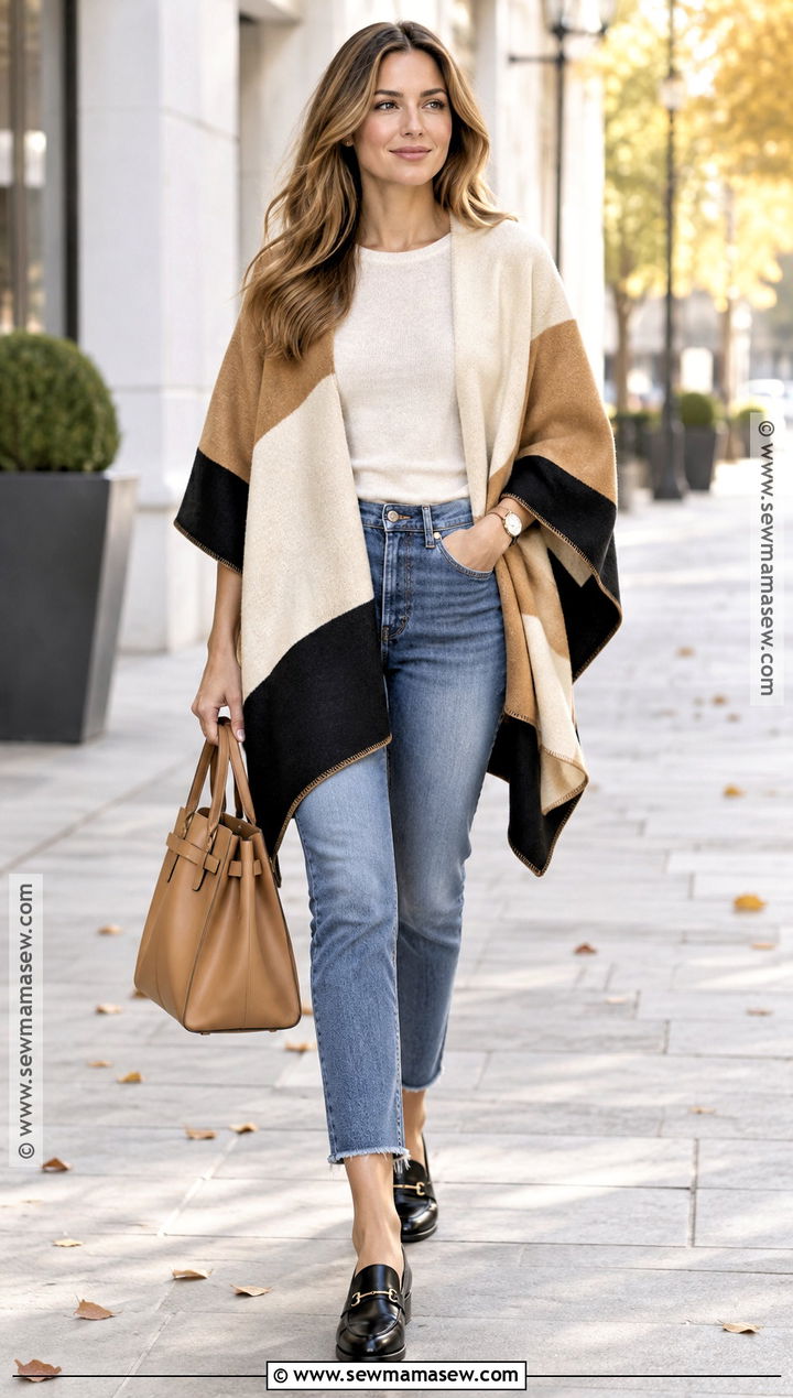 Color Block Poncho With Ankle Jeans - 20 fall poncho outfits