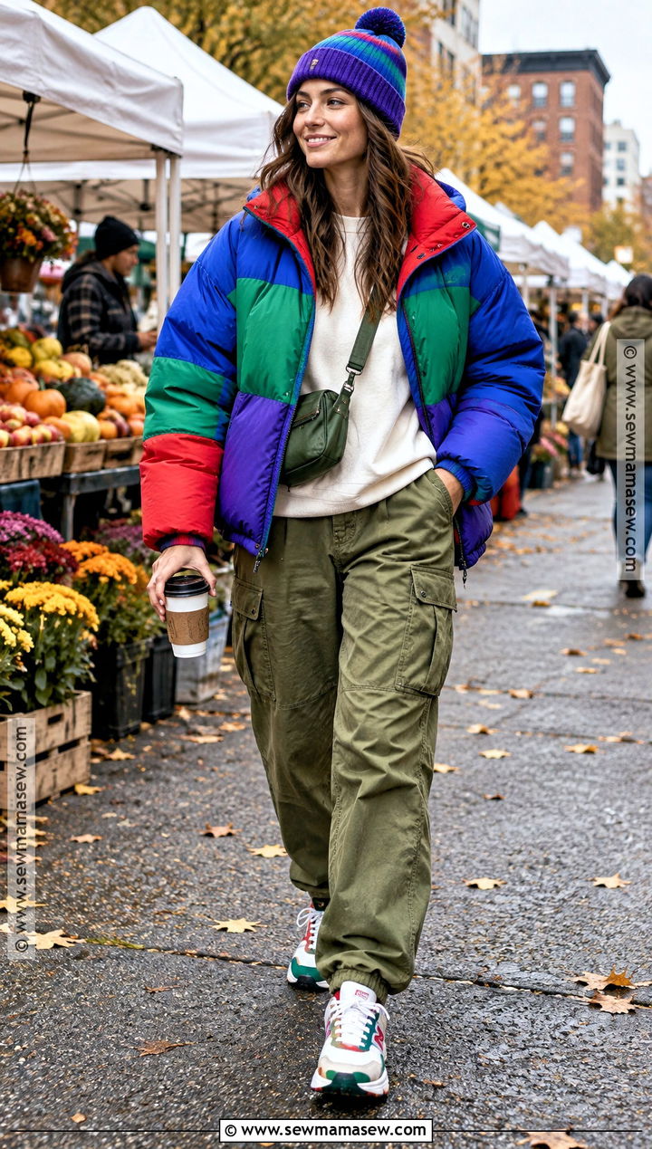 Color Block Puffer and Cargo Pants Fall Street Style Outfit - 15 Colorful Fall Street Style Ideas