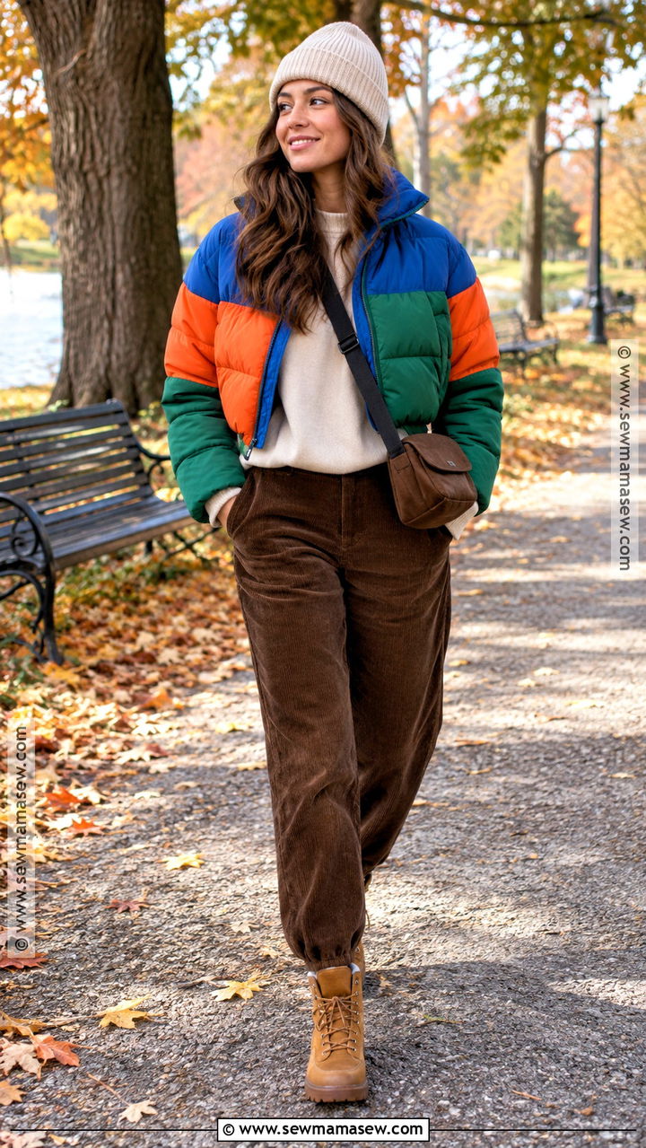 Color Block Puffer and Corduroy Pants Outfit - 20 Bright Autumn Outfits