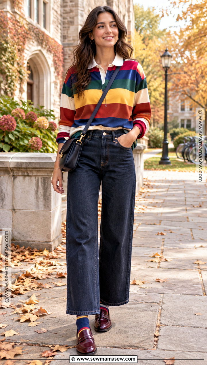 Color Block Rugby Shirt And Wide Leg Jeans Fall Outfit - 20 Fall Colorful Outfits