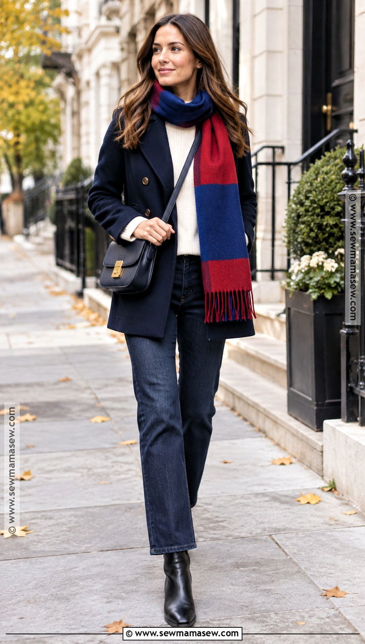 Color Block Scarf With Peacoat And Straight Jeans - 15 creative scarf ideas for fall
