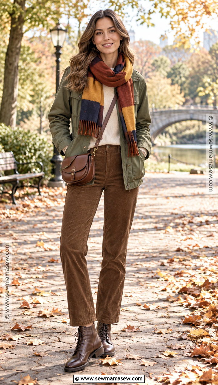 Color Block Scarf With Utility Jacket And Corduroy Pants - 15 fall scarves outfit
