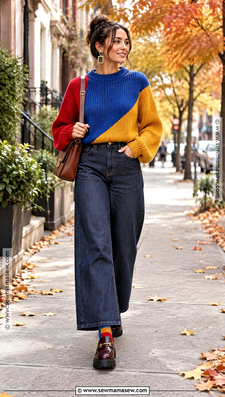 Color Block Sweater And Wide Leg Jeans Outfit - 25 funky fall fashion ideas