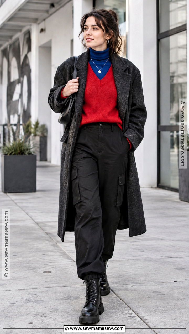 Color Block Sweater Stack With Black Cargo Pants - 15 fall winter sweater stack ideas