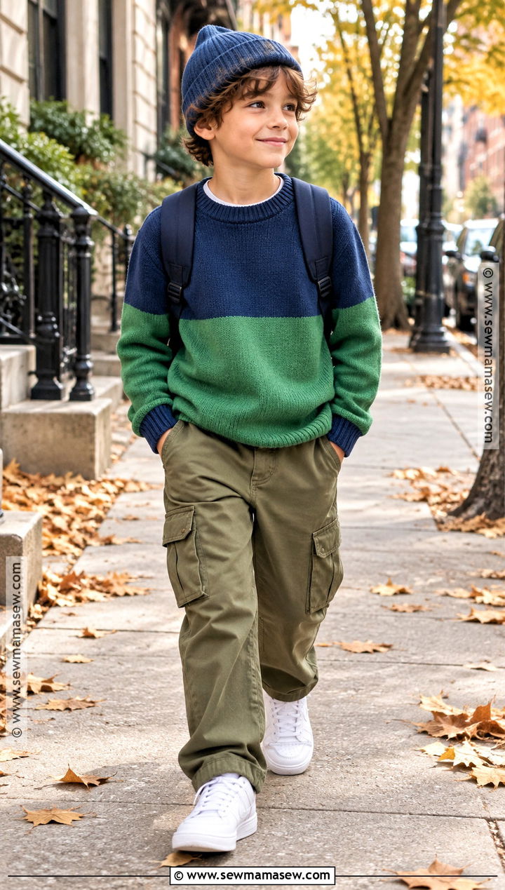 Color Block Sweater With Cargo Pants - 15 kids fall fashion sweater ideas