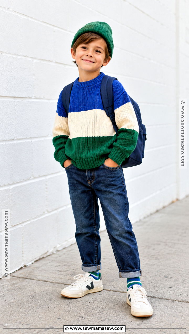 Color Block Sweater With Straight Leg Jeans - 15 kids knitwear fall fashion ideas