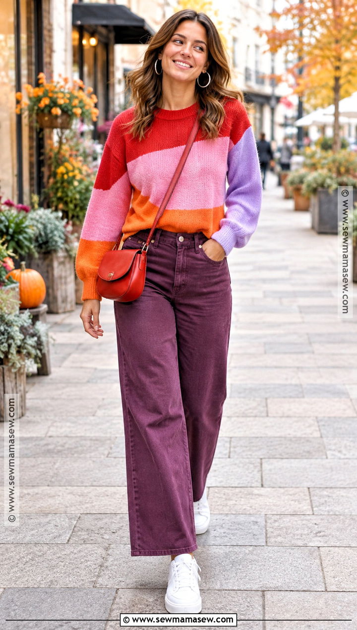 Color Block Sweater and Purple Jeans Autumn Outfit - 25 colourful autumn outfits