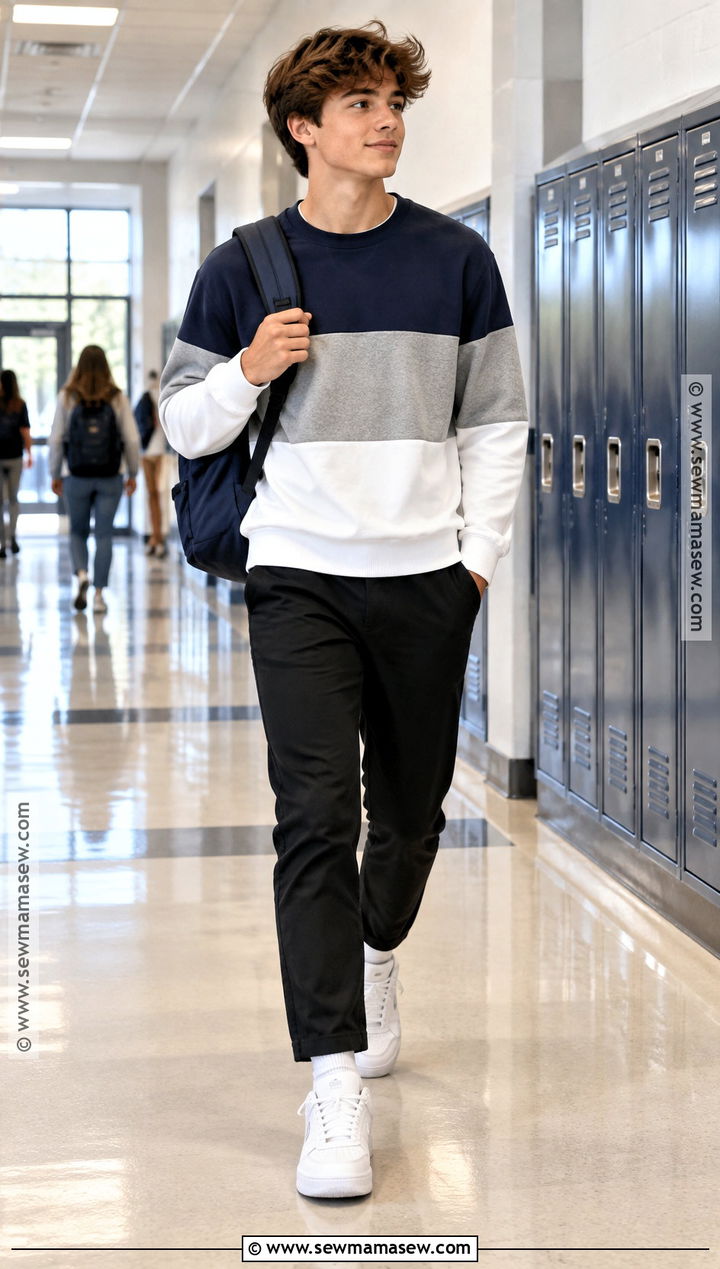 Color Block Sweatshirt And Black Pants School Outfit - 20 back to school boy outfits