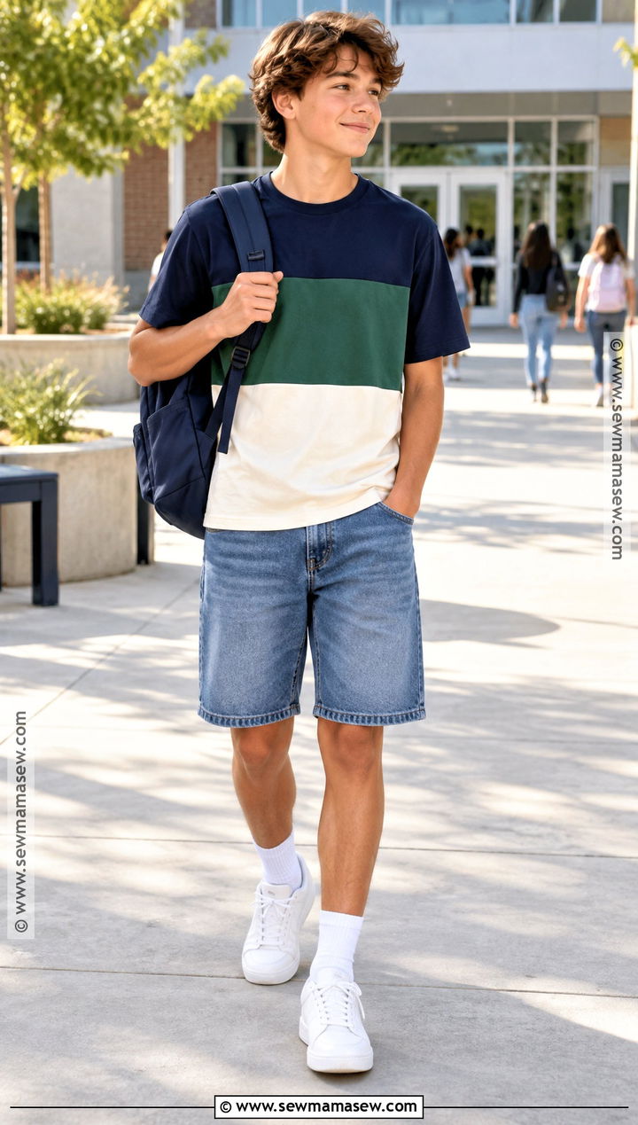 Color Block T Shirt With Denim Shorts - 15 back to school shirts for boys
