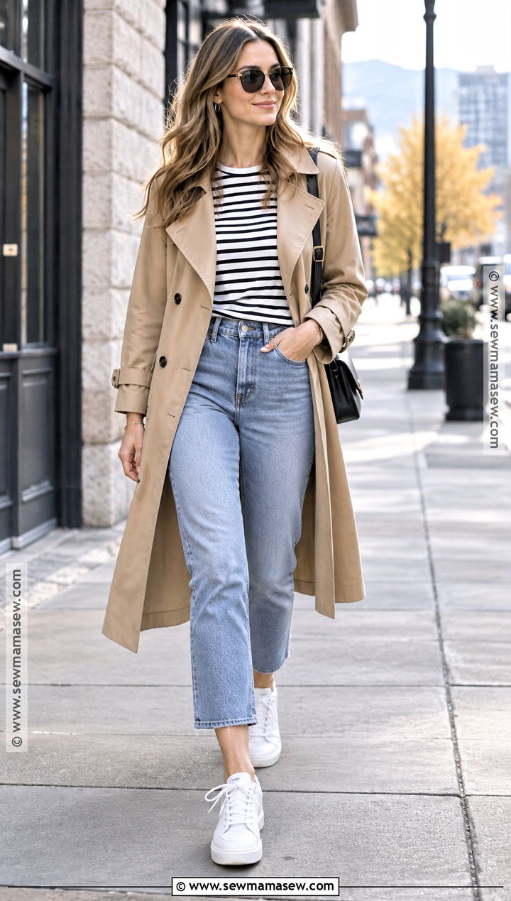 Colorado Fall Outfit With A Trench Coat And Sneakers - 20 colorado outfits fall