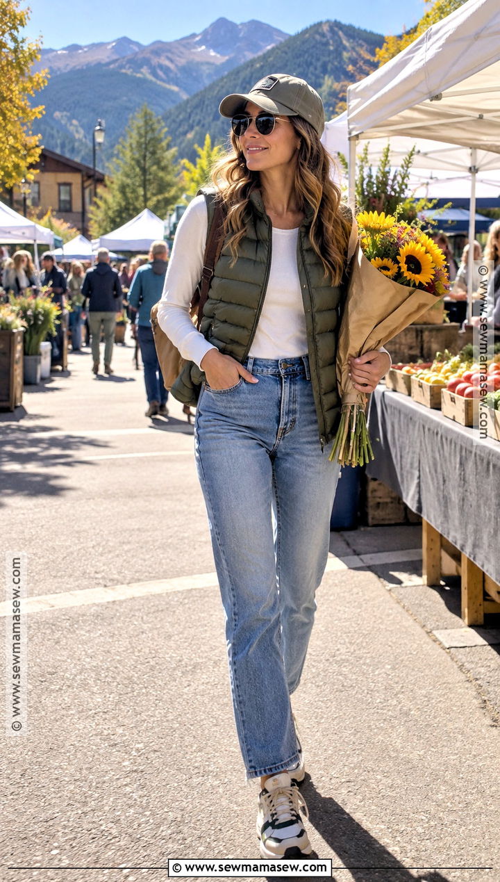 Colorado September Puffer Vest Long Sleeve Tee And Jeans Outfit - 15 colorado september outfits