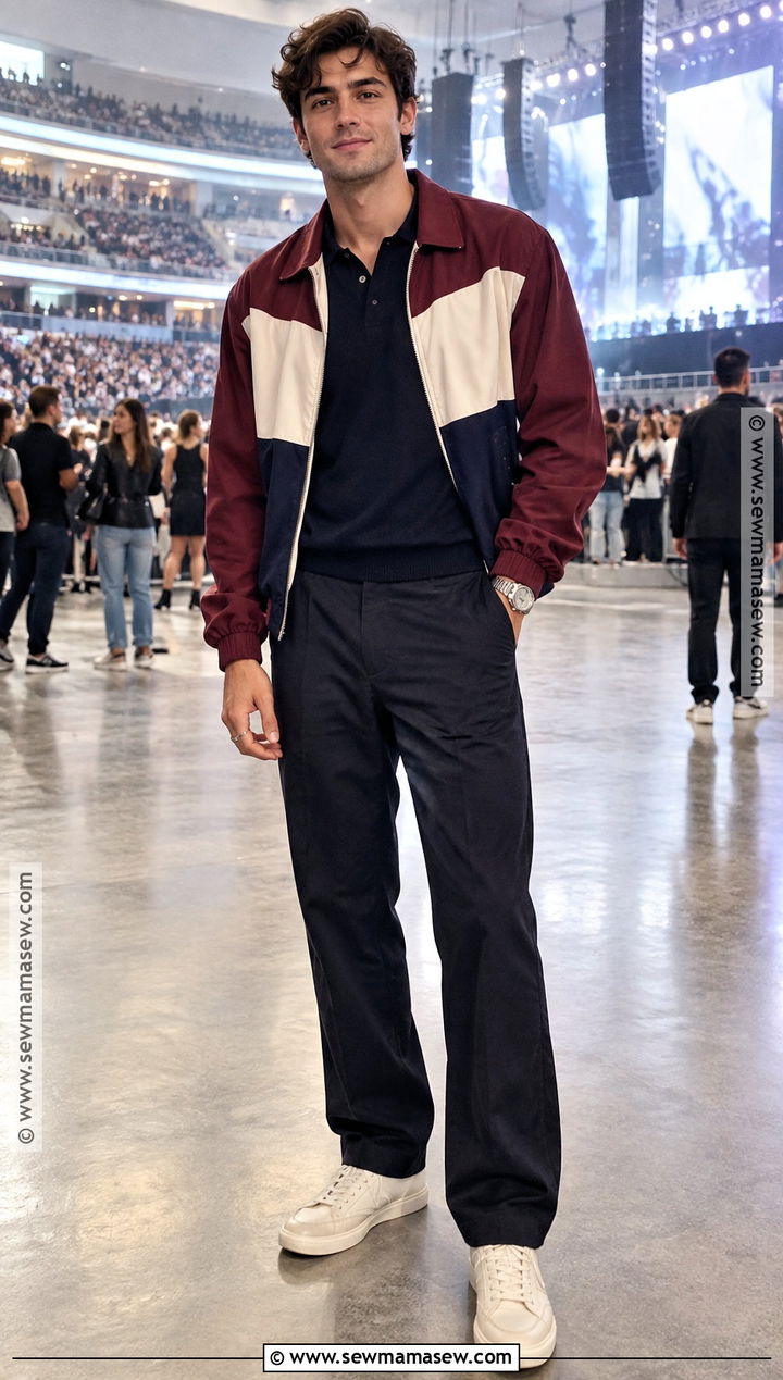 Colorblock Jacket Knit Polo and Dark Trousers Concert Outfit - 15 concert outfit men fall ideas