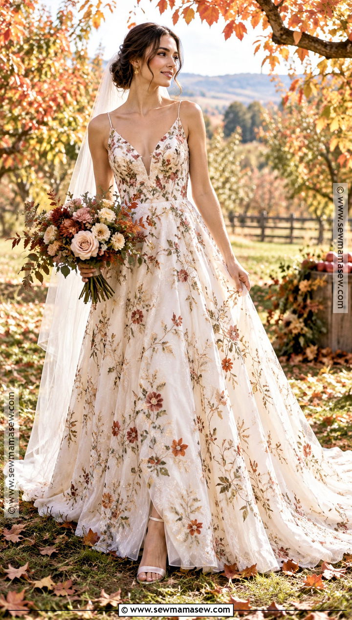 Colored Floral Autumn Wedding Dress - 25 autumn wedding dress ideas