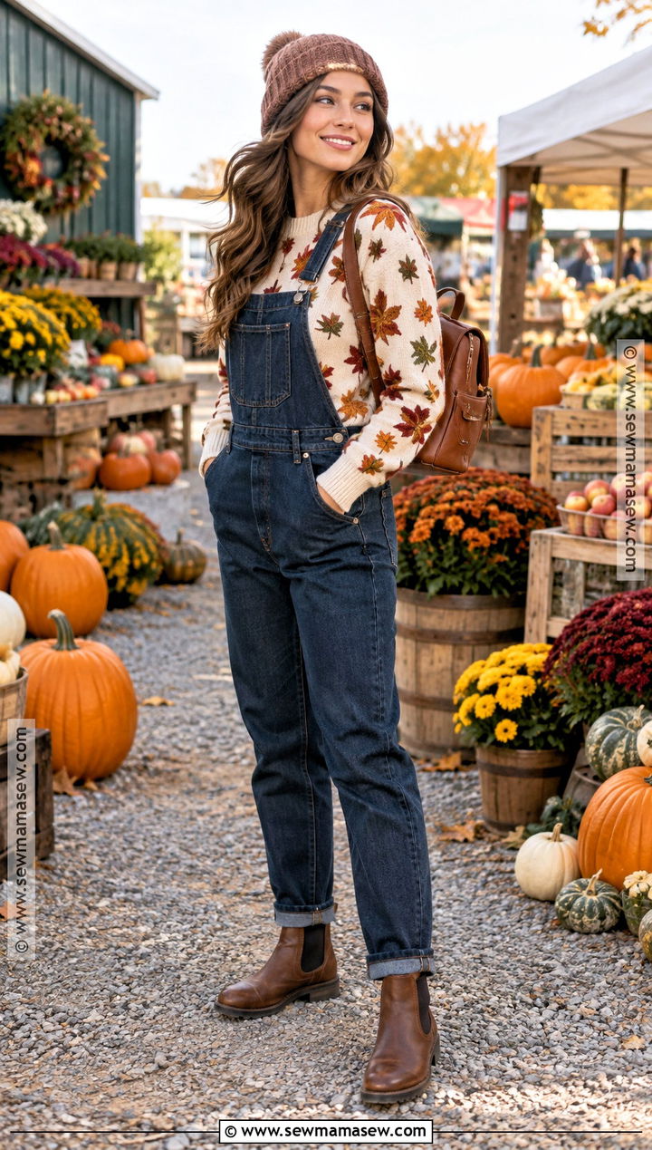 Colorful Autumn Leaves Sweater With Denim Overalls - 15 Autumn Leaves Sweater Ideas