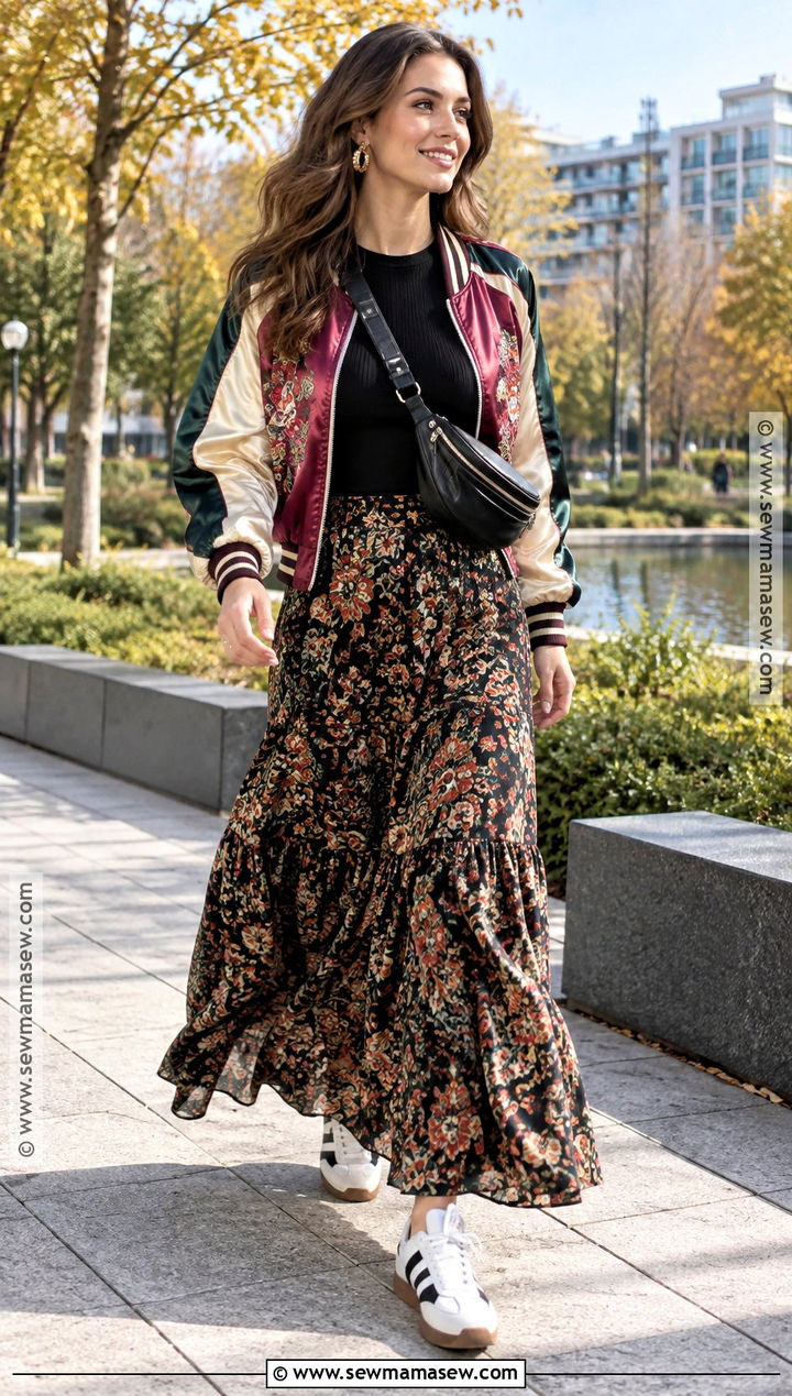 Colorful Bomber Jacket And Maxi Skirt Outfit - 25 funky fall fashion ideas