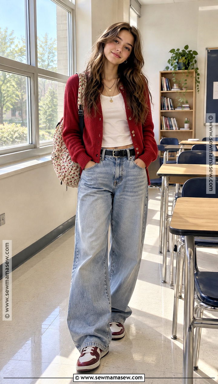 Colorful Cardigan And Baggy Jeans Outfit - 20 Back To School Outfits Not Basic