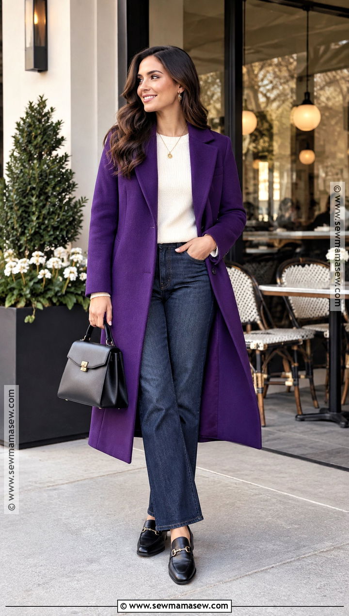 Colorful Coat and Neutral Basics Fall Brunch Outfit - 20 Sunday Brunch Outfit Fall Ideas