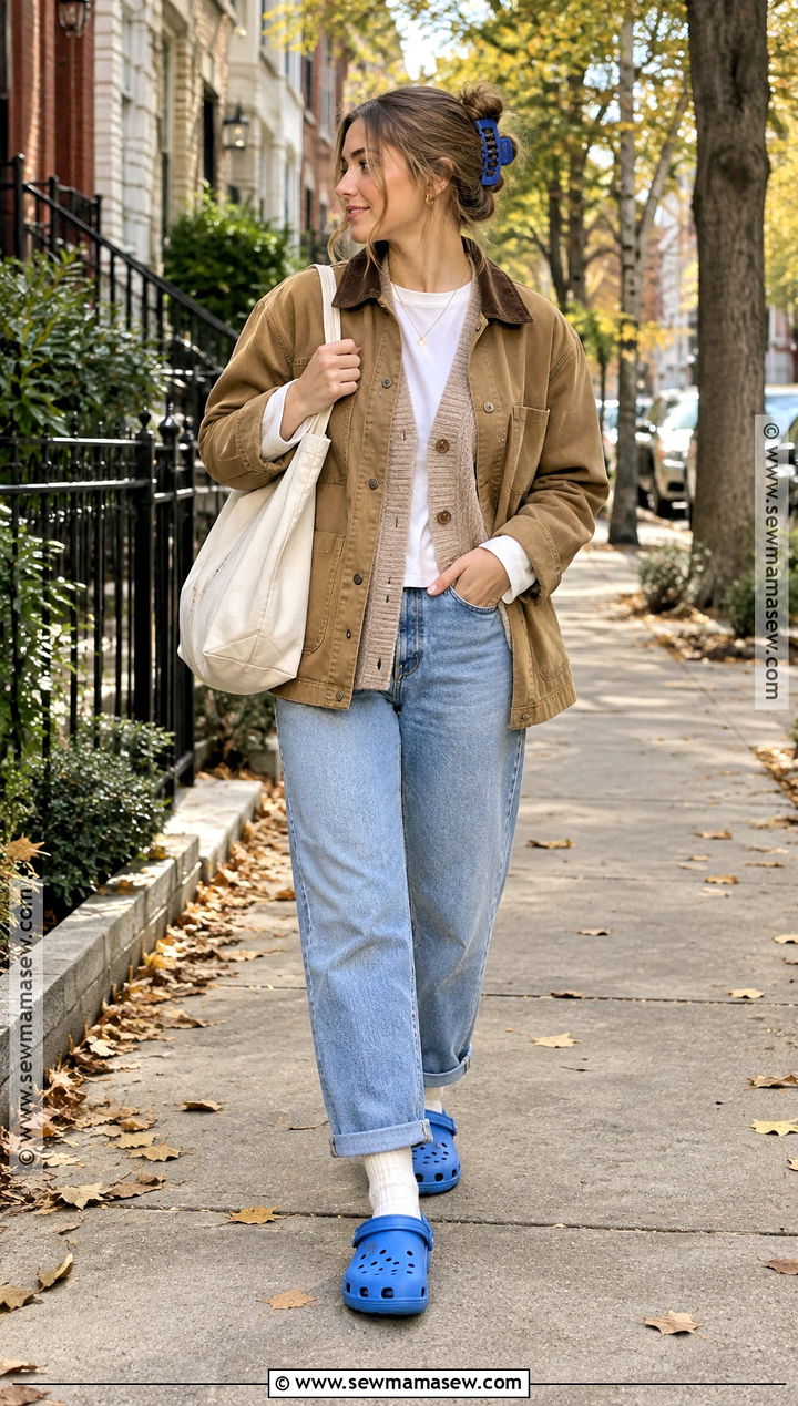 Colorful Crocs With Neutral Layers - 20 crocs outfit fall ideas