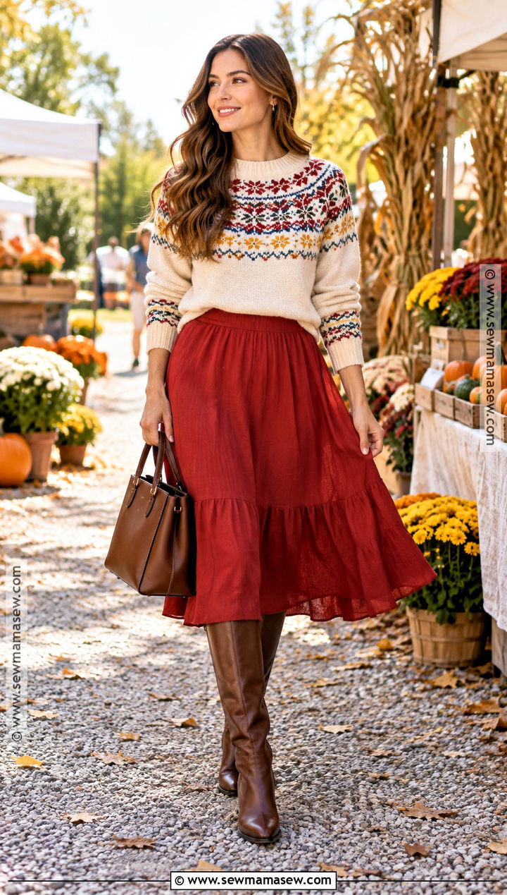 Colorful Fair Isle Sweater And Red Midi Skirt Fall Outfit - 20 Fall Colorful Outfits