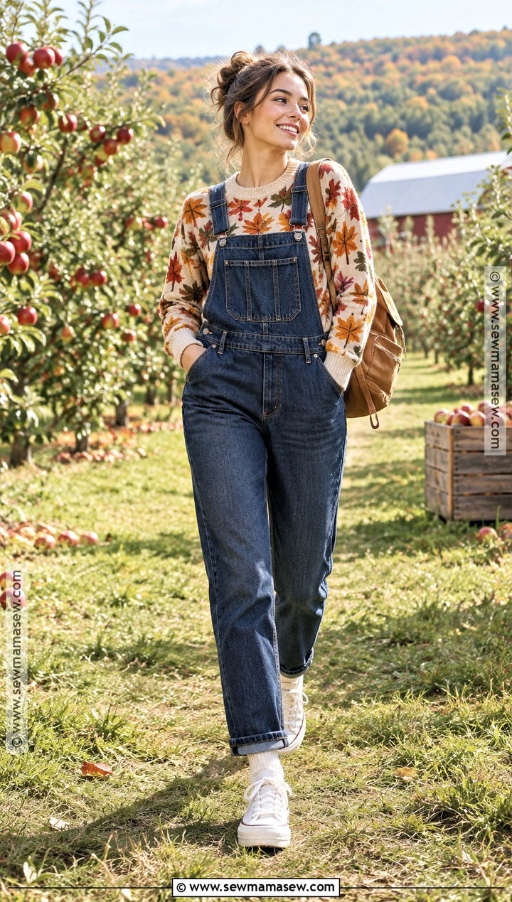 Colorful Fall Leaves Sweater With Denim Overalls And Sneakers - 15 fall leaves sweater ideas