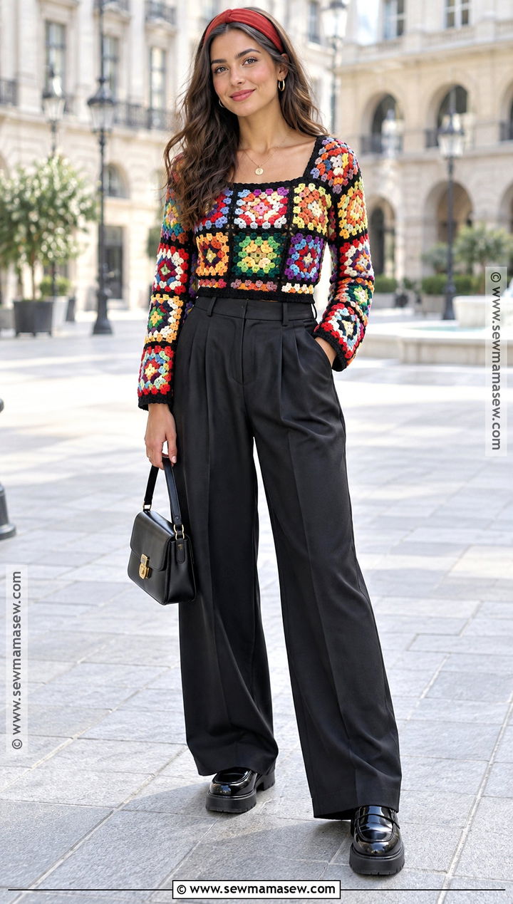Colorful Granny Square Sweater With Black Wide Leg Pants - 15 Fall Granny Square Sweater Ideas
