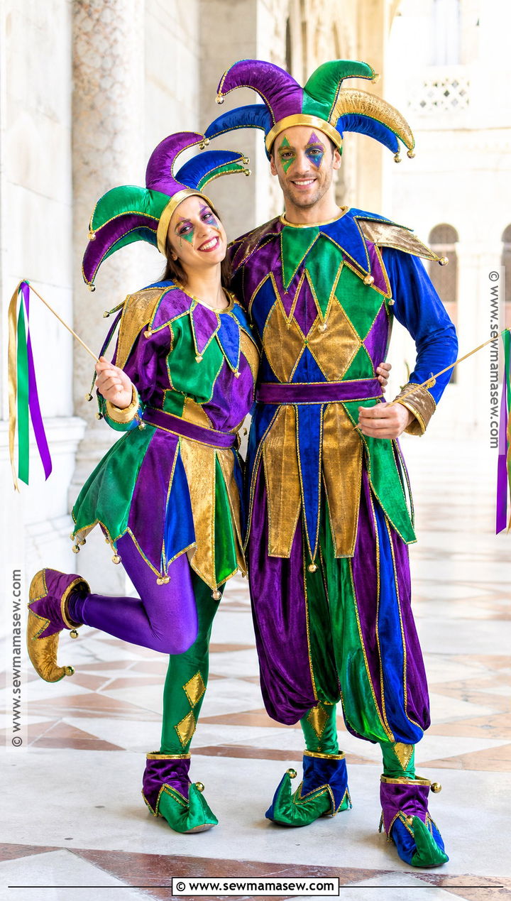 Colorful Jester Clown Couple Costume - 30 clown couple costume ideas