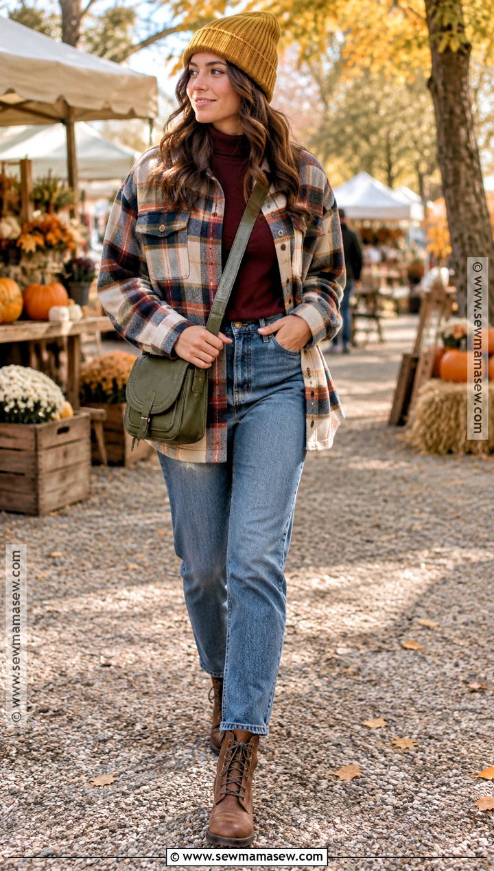 Colorful Plaid Shacket And Denim Outfit - 15 Colorful Autumn Clothing Ideas