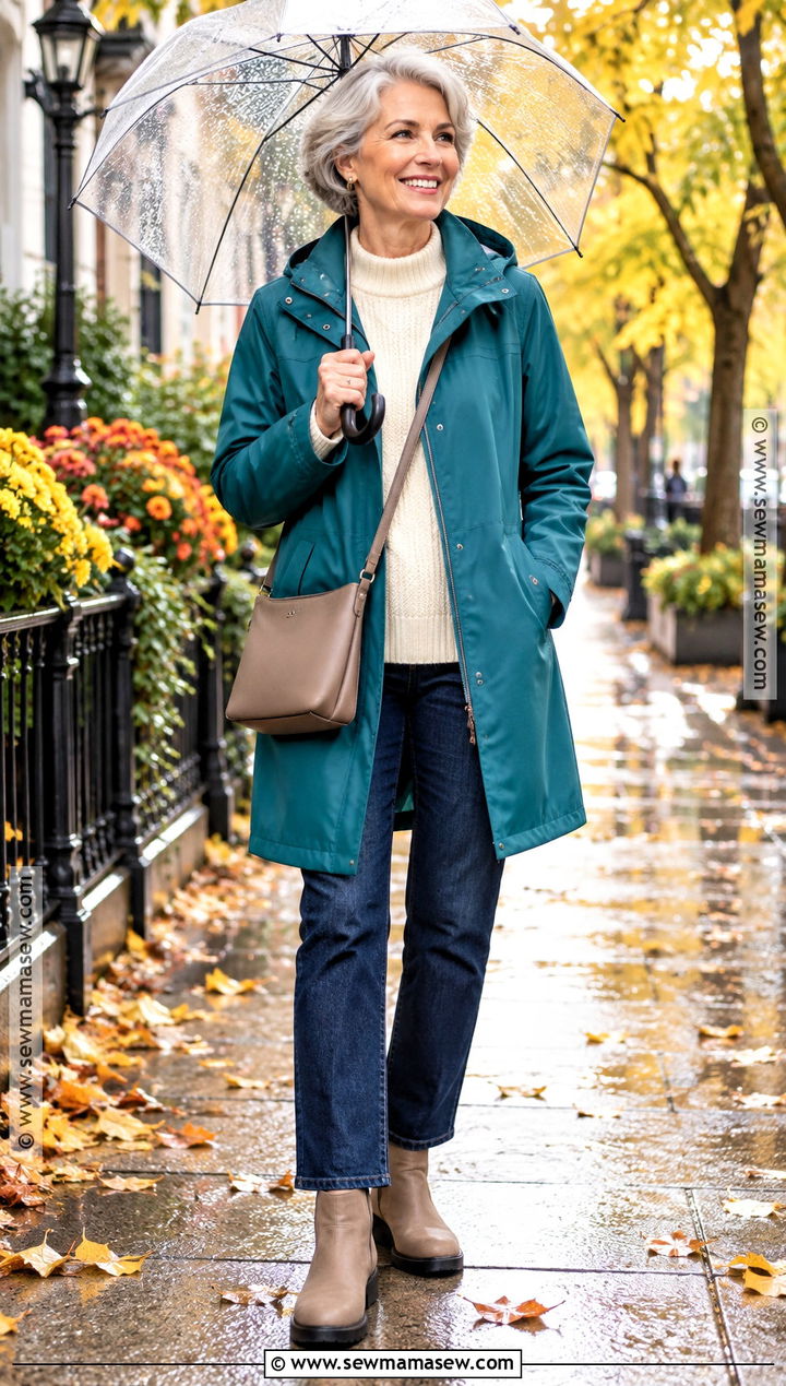 Colorful Raincoat And Neutral Basics Autumn Outfit - 20 rainy day autumn outfit ideas
