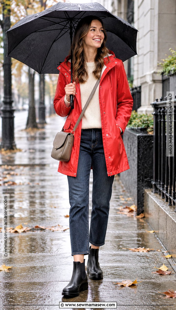 Colorful Raincoat Neutral Sweater And Jeans Outfit - 25 autumn rainy day outfit ideas