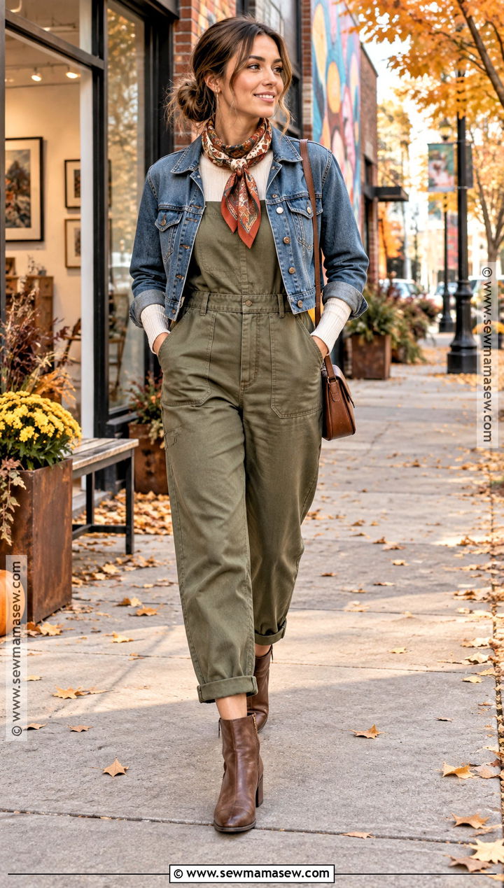 Colorful Scarf With Jumpsuit And Denim Jacket - 25 autumn scarf ideas