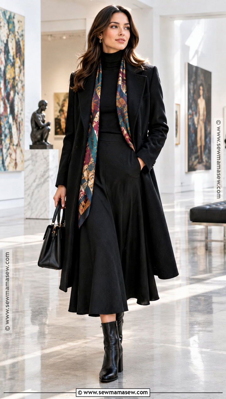 Colorful Scarf With Monochrome Black Outfit - 15 Fall Outfit Ideas With Scarves