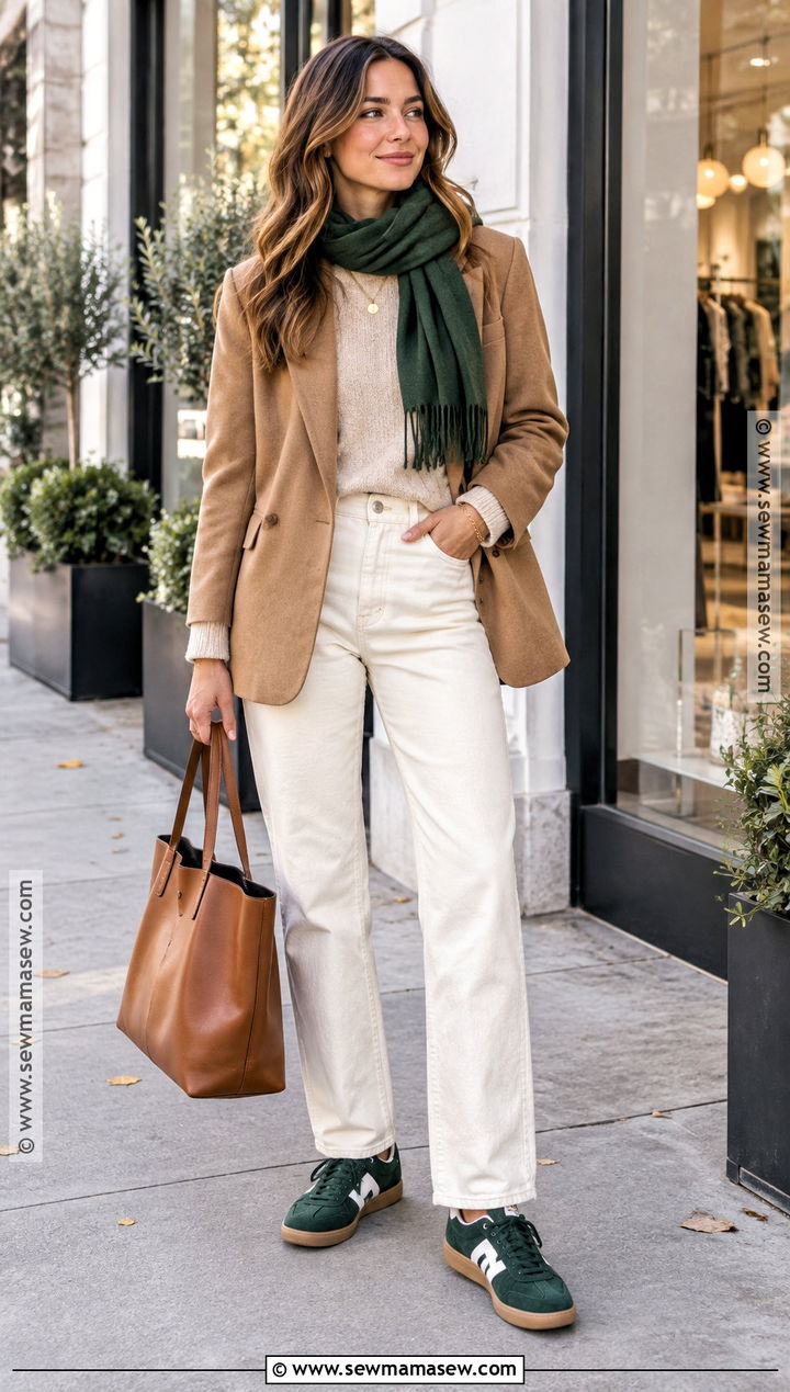 Colorful Sneaker Outfit With Neutral Layers - 15 Sneaker Outfit Fall Ideas