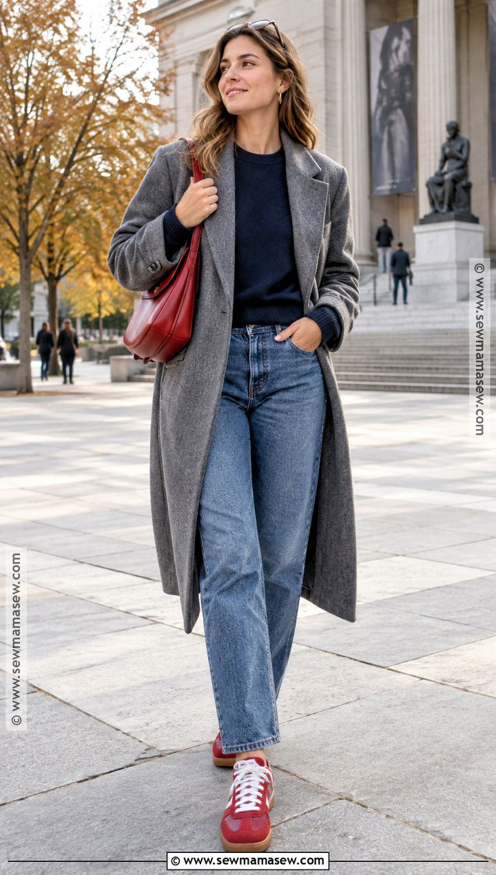 Colorful Sneakers With Jeans And Crewneck Sweater - 15 Casual Fall Sneaker Outfits