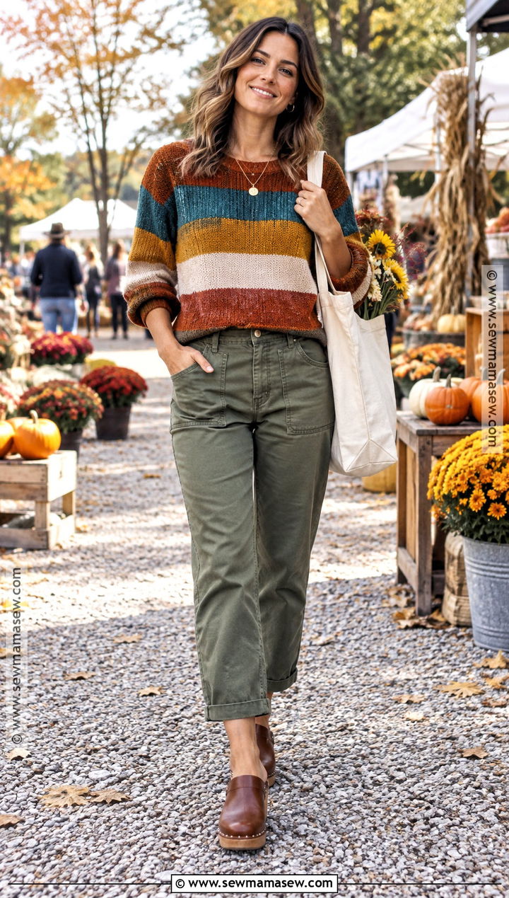 Colorful Striped Sweater With Utility Pants - 15 Autumn Stripes Outfit Ideas