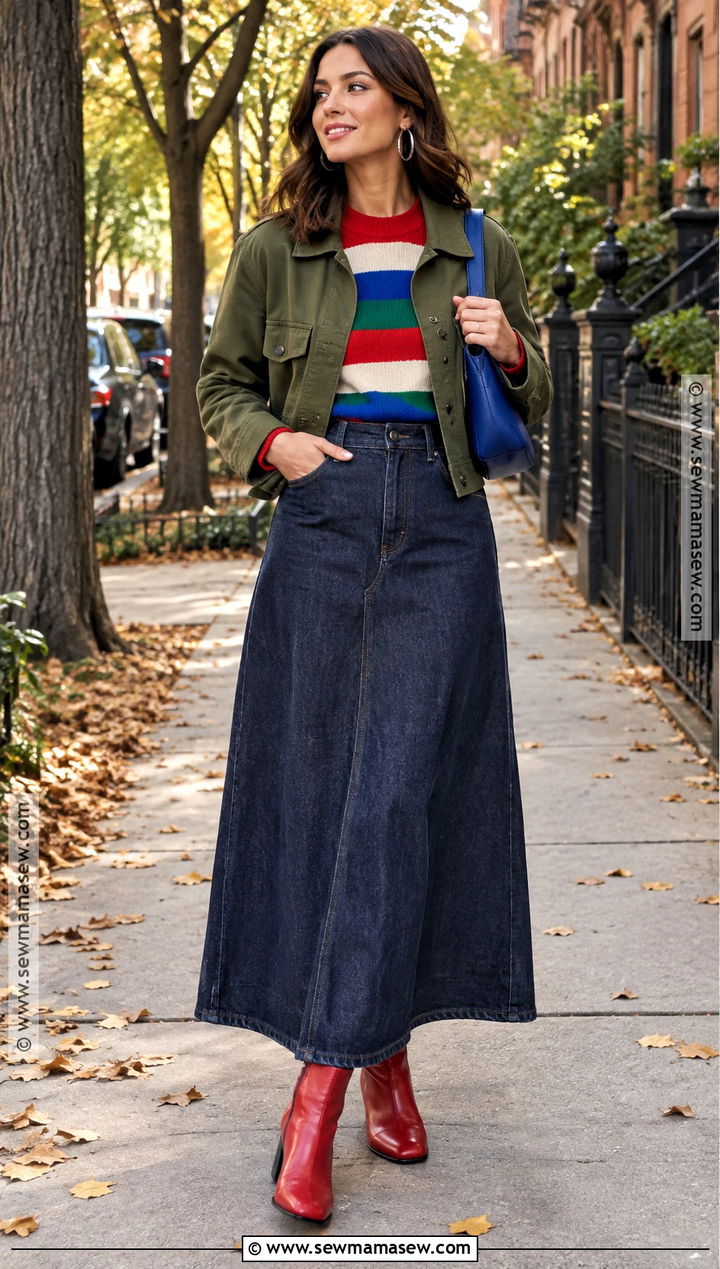 Colorful Striped Sweater and Denim Maxi Skirt Fall Outfit - 15 Colorful Fall Street Style Ideas