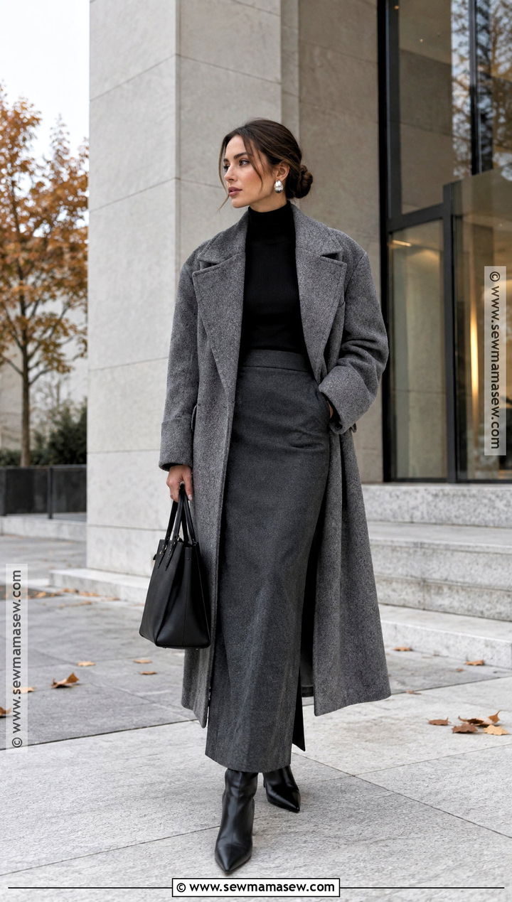 Column Maxi Skirt With Oversized Coat And Pointed Boots - 15 maxi skirt outfit fall ideas 2026