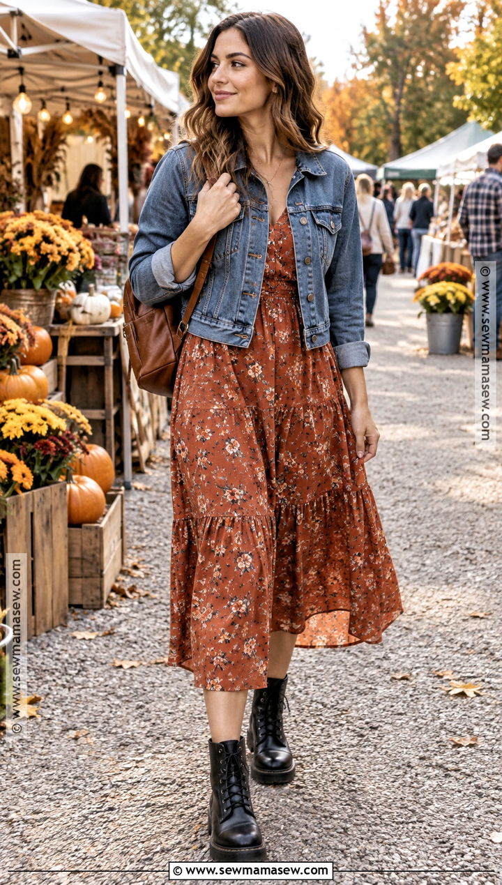 Combat Booties With Floral Midi Dress and Denim Jacket - 15 bootie fall outfits