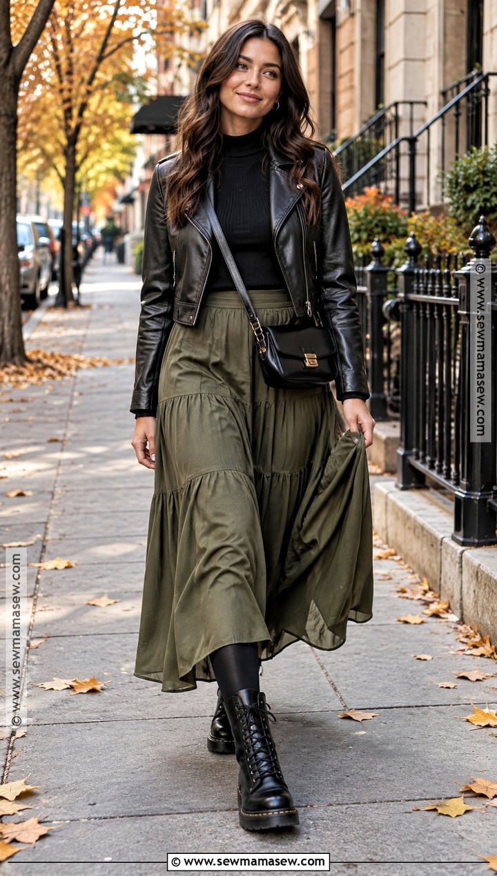 Combat Boots With A Maxi Skirt And A Leather Jacket - 15 comfortable shoes for autumn