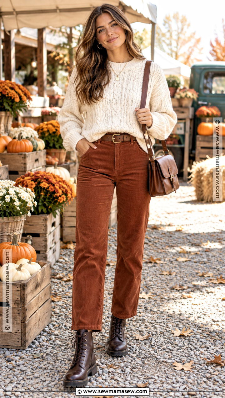 Combat Boots With Corduroy Pants And Cable Knit Sweater - 20 combat boot outfits fall