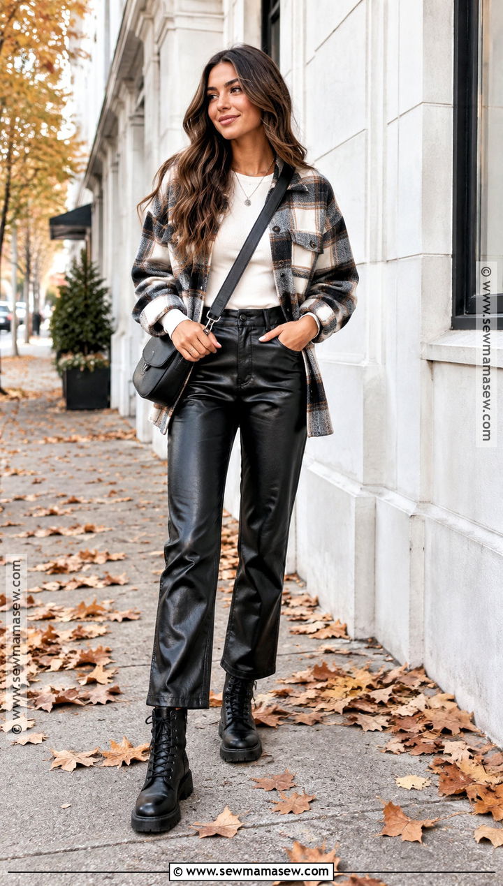Combat Boots With Faux Leather Pants And Shacket - 20 combat boot outfits fall