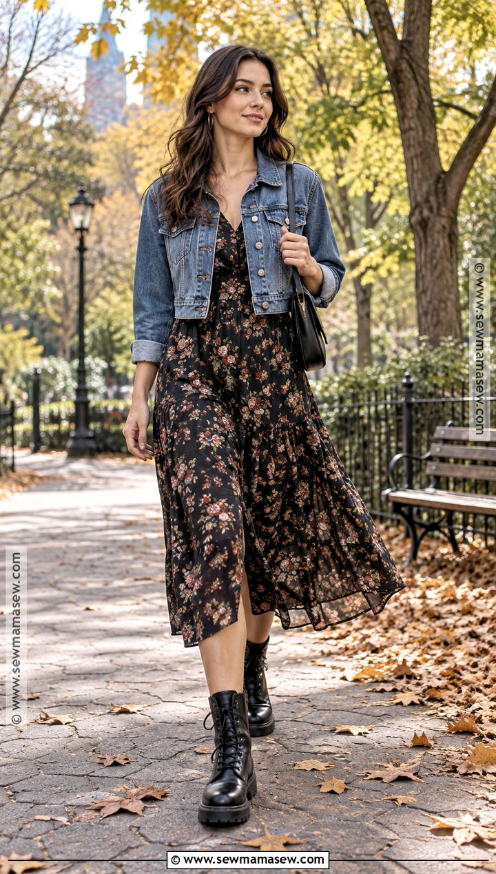 Combat Boots With Floral Midi Dress And Denim Jacket - 25 autumn boots outfit