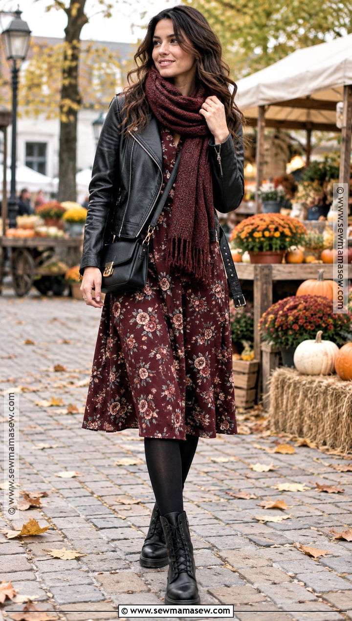 Combat Boots With Floral Midi Dress And Leather Jacket - 25 boots outfit fall