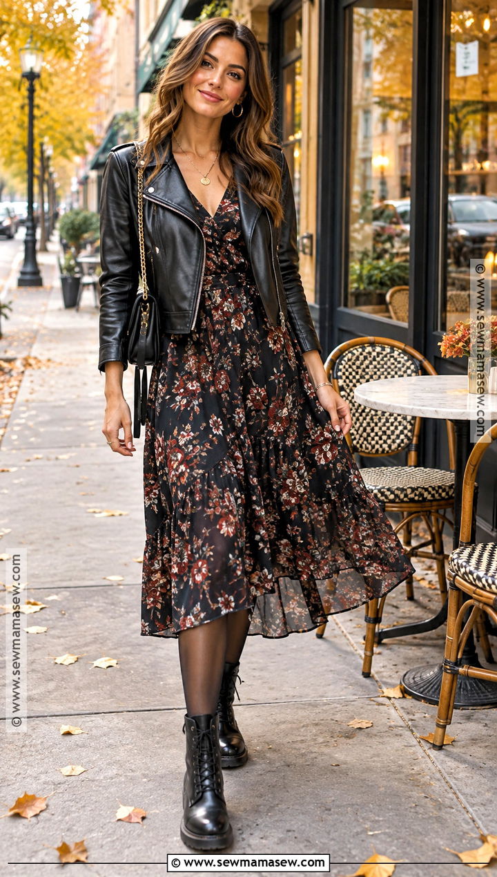 Combat Boots With Floral Midi Dress And Leather Jacket - 20 combat boot outfits fall
