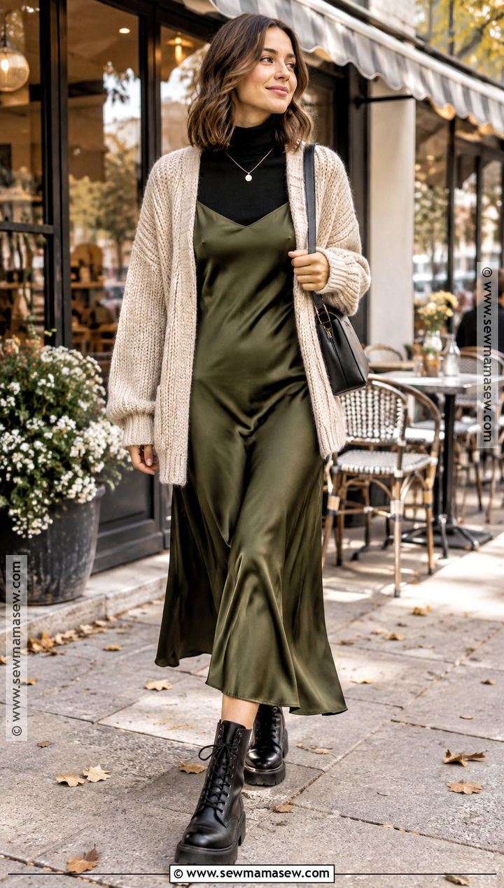 Combat Boots With Slip Dress And Chunky Cardigan - 20 combat boot outfits fall
